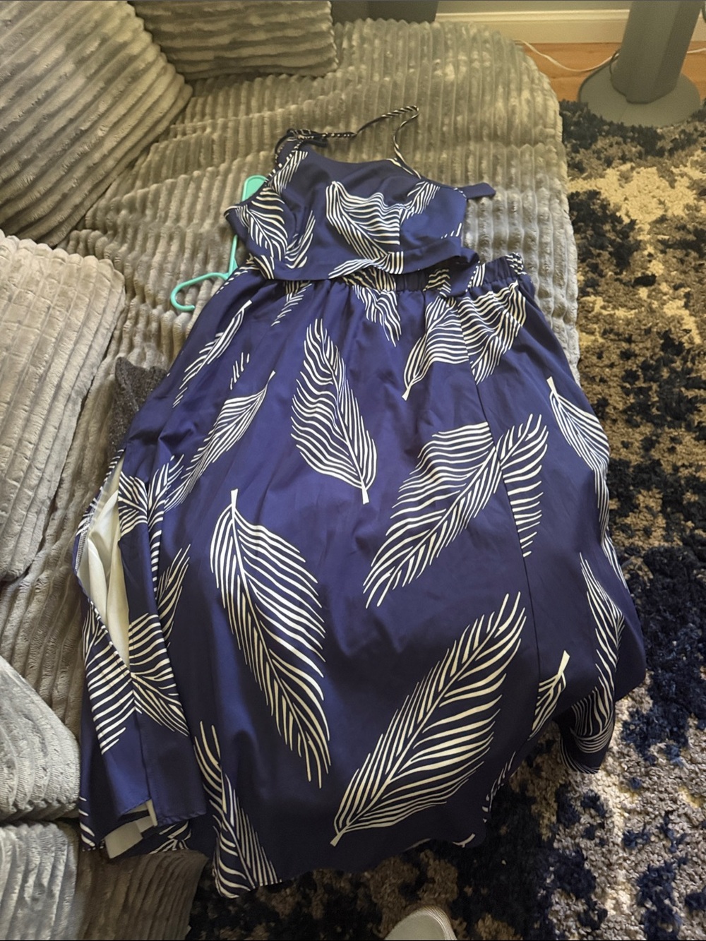 NWOT Navy Blue 2 Piece Maxi skirt/halter top with White Feather Print